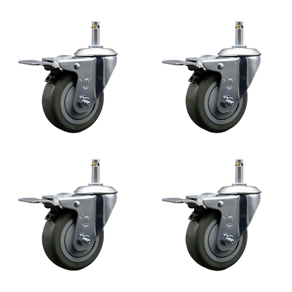 4'' Gray Polyurethane Swivel 7/16'' Stem Caster Set with Total Lock Brake, 4PK